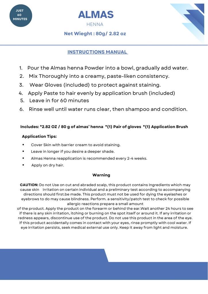 Almas Henna 80 GRAM 100% Organic Hair Color Powder Infused with Herbs, Natural Henna for Soft Shiny Hair (2.82 OUNCE, DARK BROWN)