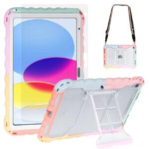 topesct case for ipad 10th generation 10.9 inch 2022, built in screen protector & pencil holder, shockproof kids case cover for ipad 10 gen comes with adjustable shoulder strap(rainbow)