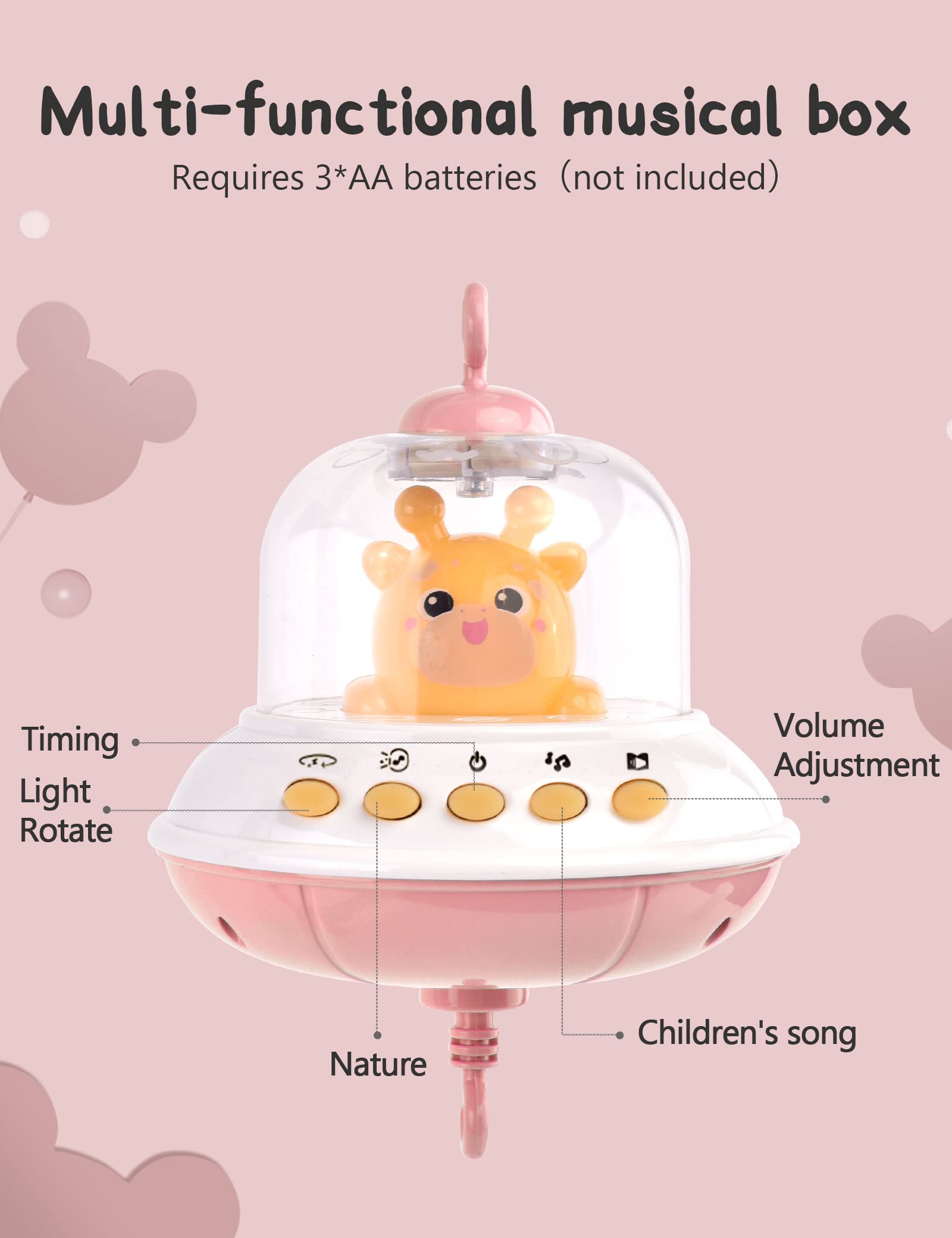 BSROLUNA Baby Crib Mobile with Music and Lights, Baby Mobile for Crib with Remote Control, Hanging Rotating Animals Rattles, 16 Songs and Timing Function, Cartoon Baby Crib Toys for Girls (BabyPink)