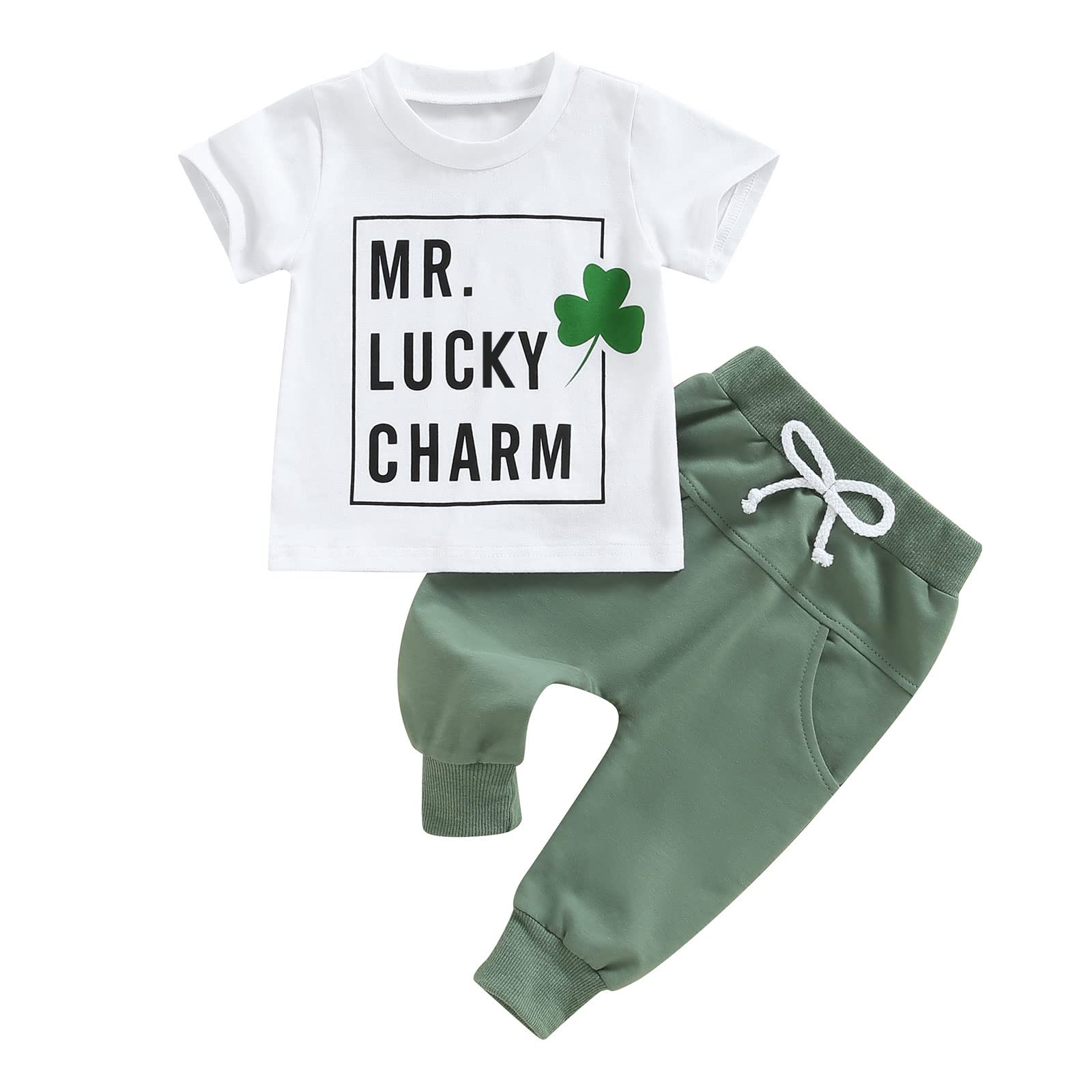 Toddler Baby Boy St Patricks Day Outfit Mr Lucky Charm Clover Short Sleeve T-shirts Green Pants Summer Clothes (Green# Mr Lucky Charm, 6-12 Months)