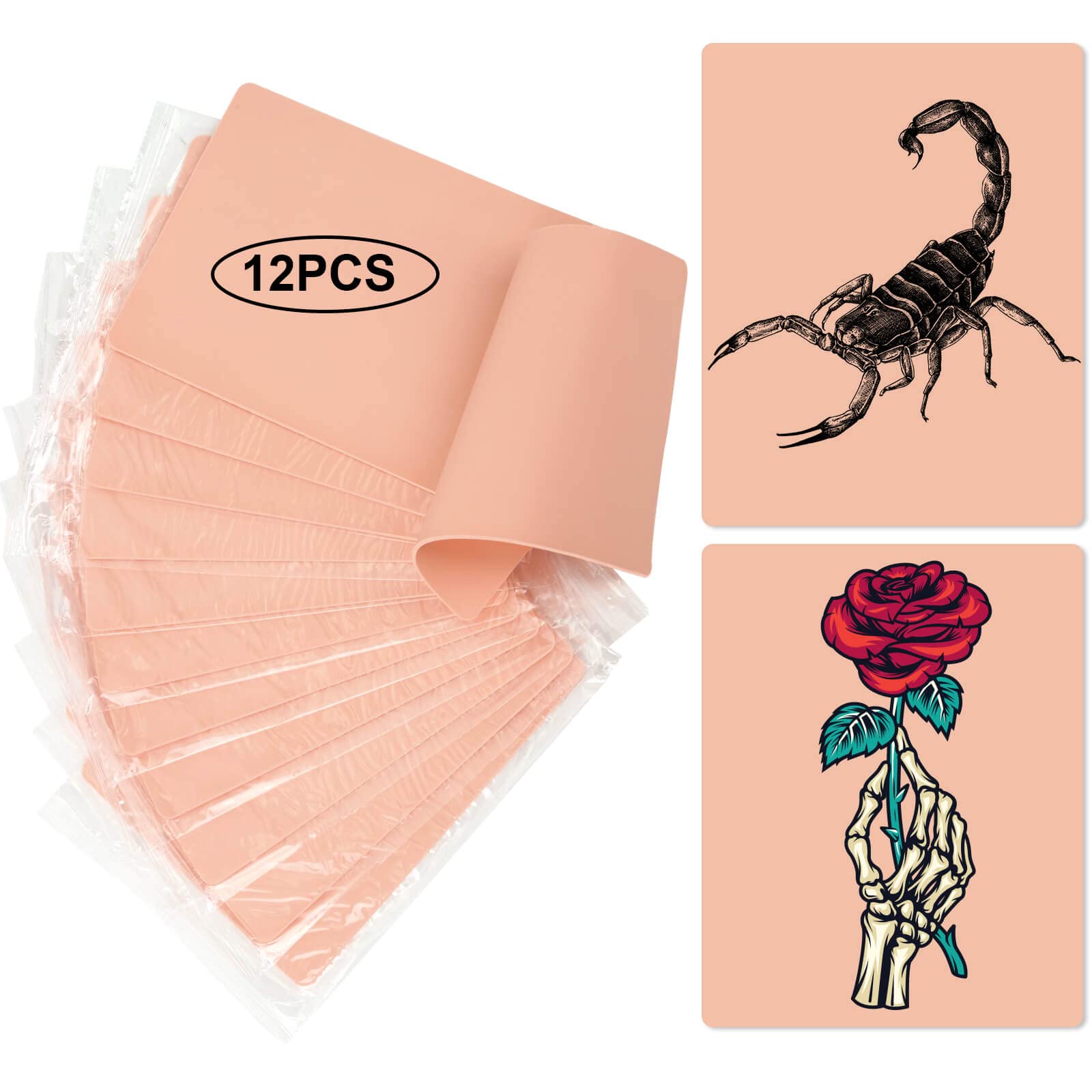 12PCS Tattoo Practice Skins, Modacraft Double Sides Tattoo Fake Skin 1.2mm Thick Soft Tattoo Skin 7.4×5.6in Practice Skin for Tattooing, Silicone Fake Skin for Tattoo Supplies Tattoo Kit for Beginners