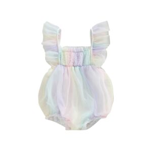 newborn baby girls summer clothes fly sleeve ruffle romper square neck smocked one-piece tulle bodysuit jumpsuit (multi-color, 12-18 months)