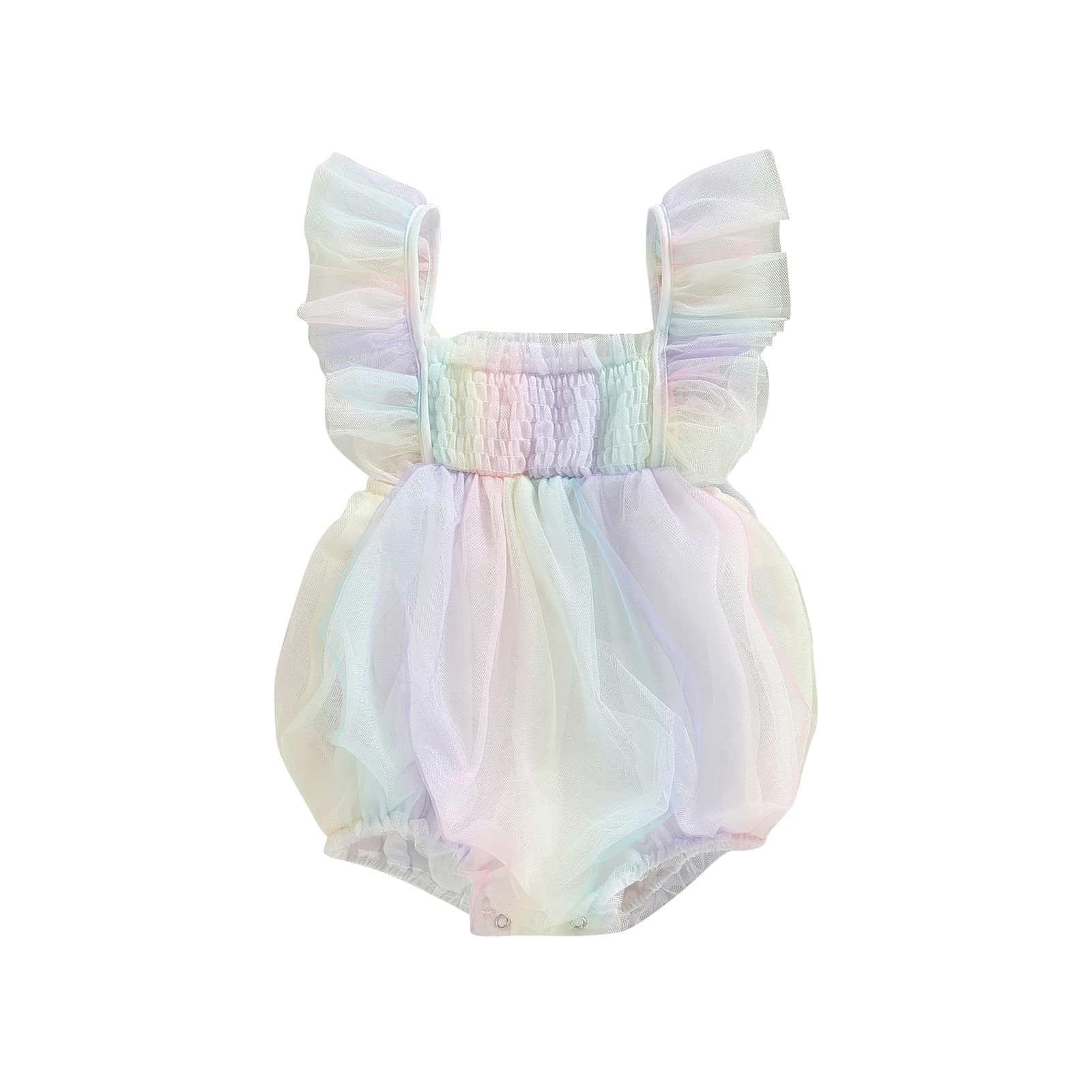 Newborn Baby Girls Summer Clothes Fly Sleeve Ruffle Romper Square Neck Smocked One-Piece Tulle Bodysuit Jumpsuit (Multi-color, 12-18 Months)