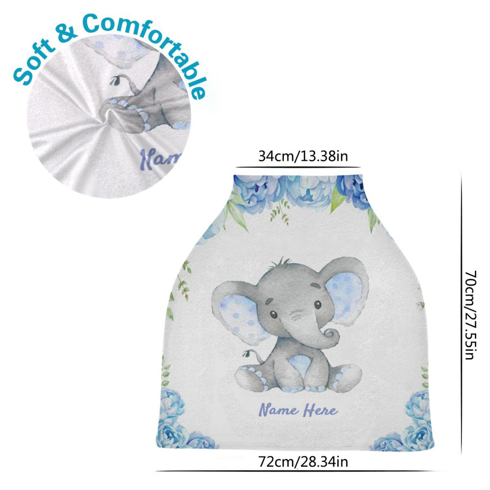 Personalized Baby Car Seat Cover with Name & Date, Custom Cute Elephant Baby Car Seats Canopy for Boys Girls, Nursing Breastfeeding Stroller Covers, Gift for Newborn Infant