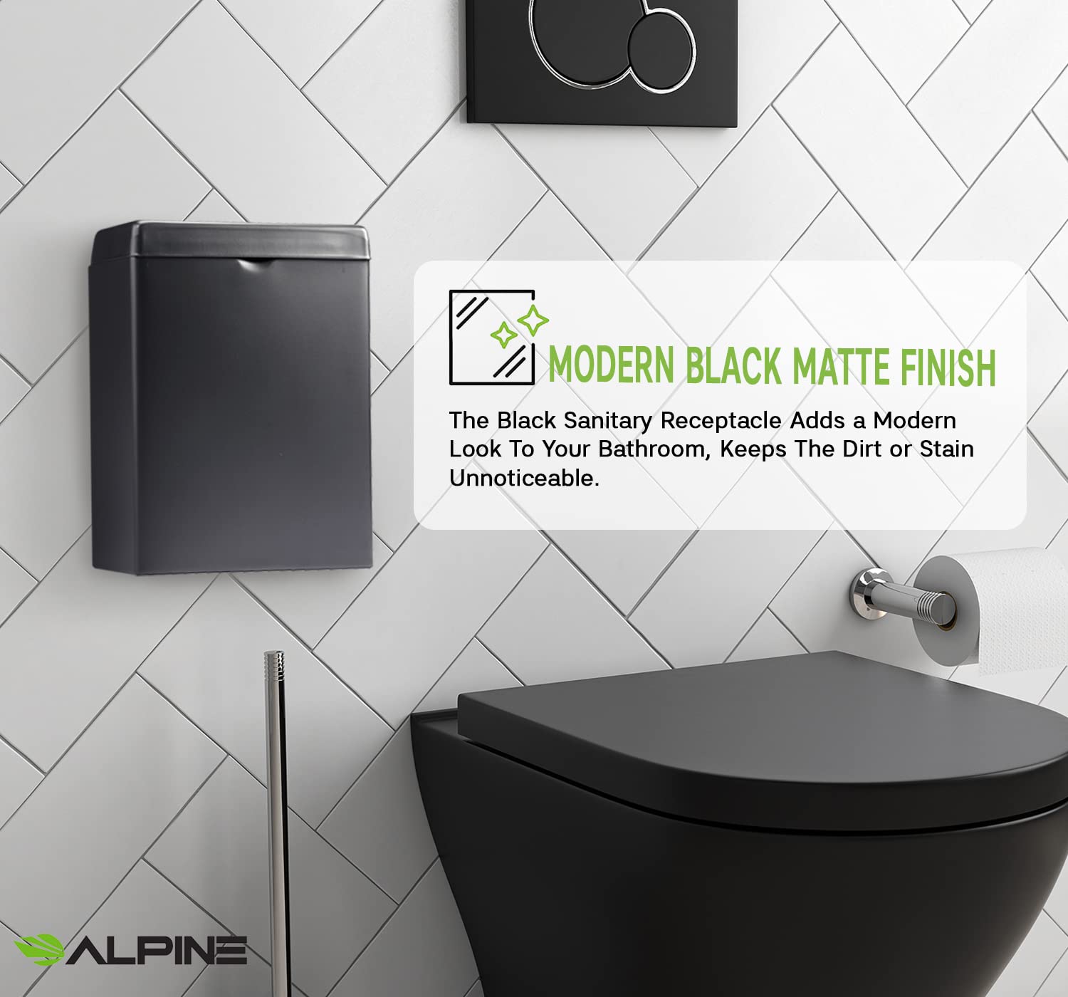 Alpine Sanitary Napkin Receptacle – Wall Mounted Tampon Holder for Bathroom Provides Clean & Odor-Free Restroom for Home, Office & Public Restrooms (Black)