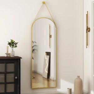 harritpure 16"x48"arched mirror with hanging leather strap full length mirror aluminum frame wall-mounted arch mirror hanging mirrors for bathroom vanity living room bedroom entryway, gold