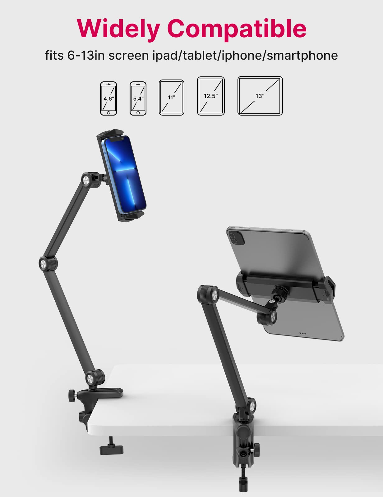 ULANZI Select Tablet Holder Desk Stand - HP006 Aluminum Tablet Mount for Bed Flexible Arm Multi-Angle 360° Rotation 2 Positioning Holes for 4.7''- 13'' Tablet