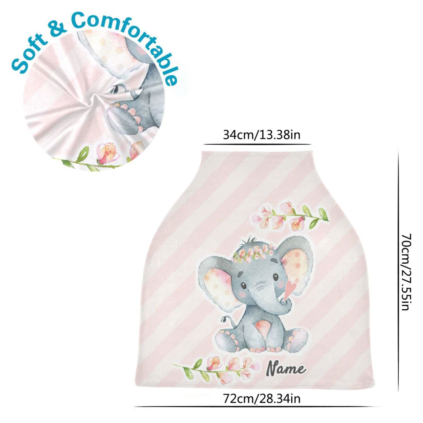 Personalized Cute Elephant Infant Baby Car Seat Cover with Name, Nursing Breastfeeding Scarf, Shopping Cart Seat Covers, Stroller Canopy, Gift for Infants Newborn Girl Boy