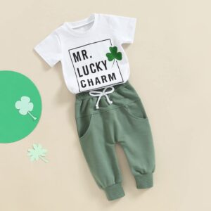 Toddler Baby Boy St Patricks Day Outfit Mr Lucky Charm Clover Short Sleeve T-shirts Green Pants Summer Clothes (Green# Mr Lucky Charm, 6-12 Months)