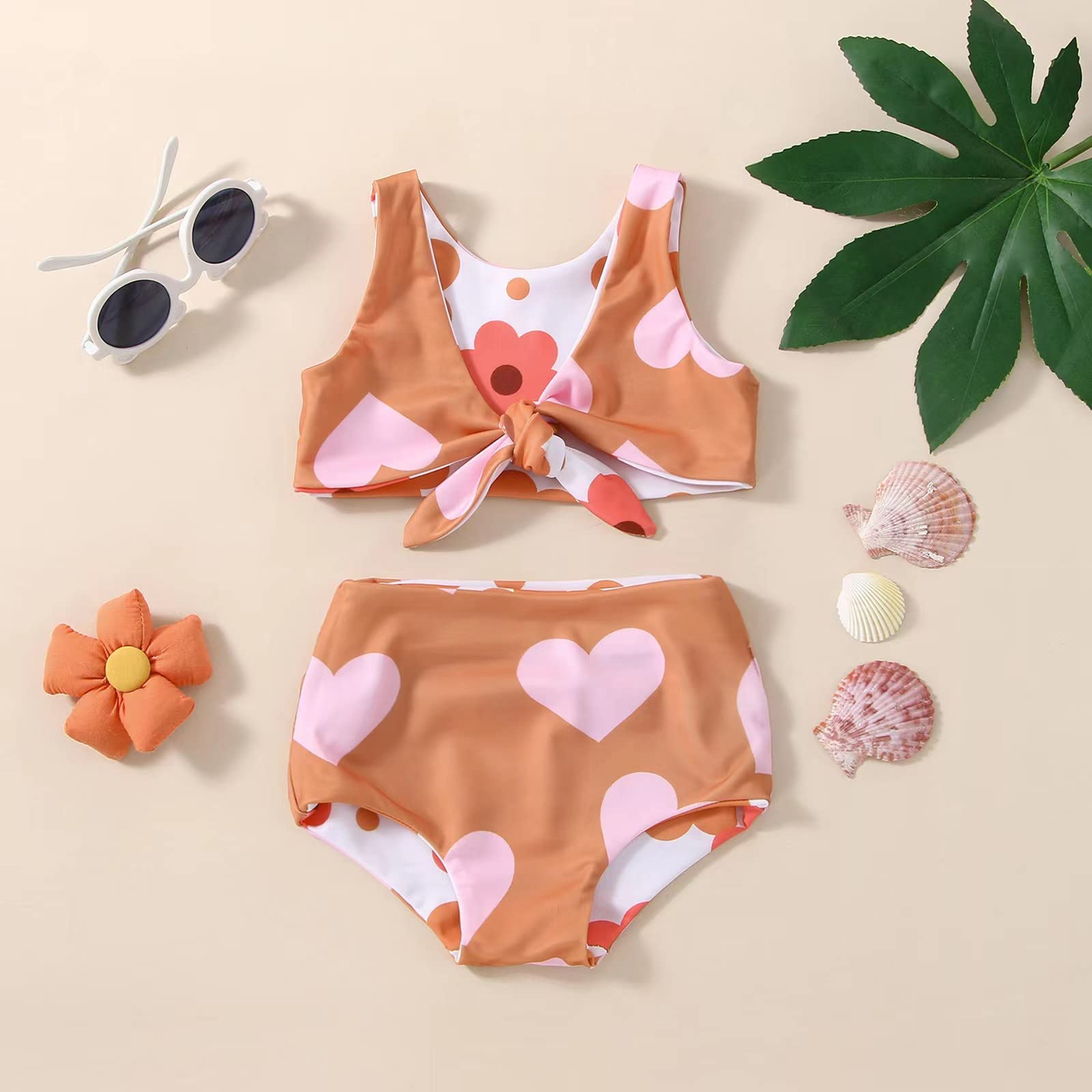 Newborn Baby Girls Two Piece Swimsuit Floral Heart Print Knotted Swim Top Bottom Tankini Bikini Set Infant Bathing Suit Girl (Floral&Heart,0-6 Months)