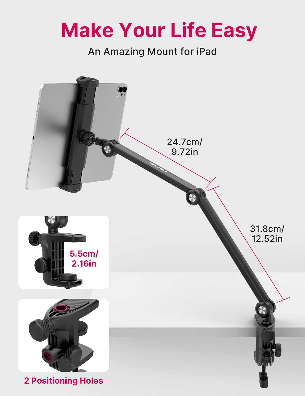 ULANZI Select Tablet Holder Desk Stand - HP006 Aluminum Tablet Mount for Bed Flexible Arm Multi-Angle 360° Rotation 2 Positioning Holes for 4.7''- 13'' Tablet