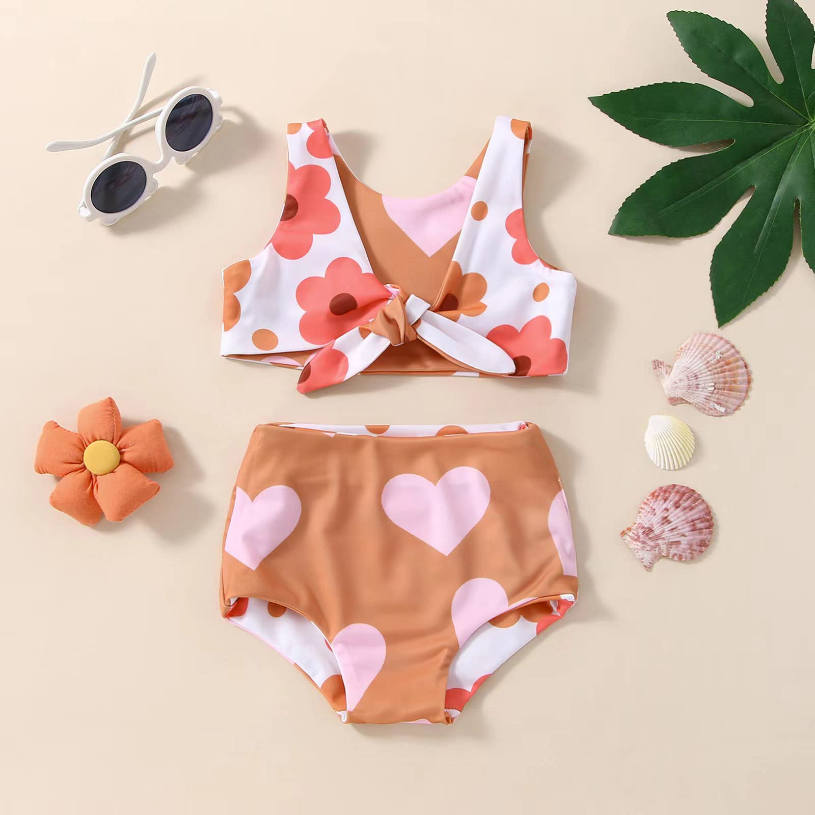 Newborn Baby Girls Two Piece Swimsuit Floral Heart Print Knotted Swim Top Bottom Tankini Bikini Set Infant Bathing Suit Girl (Floral&Heart,0-6 Months)