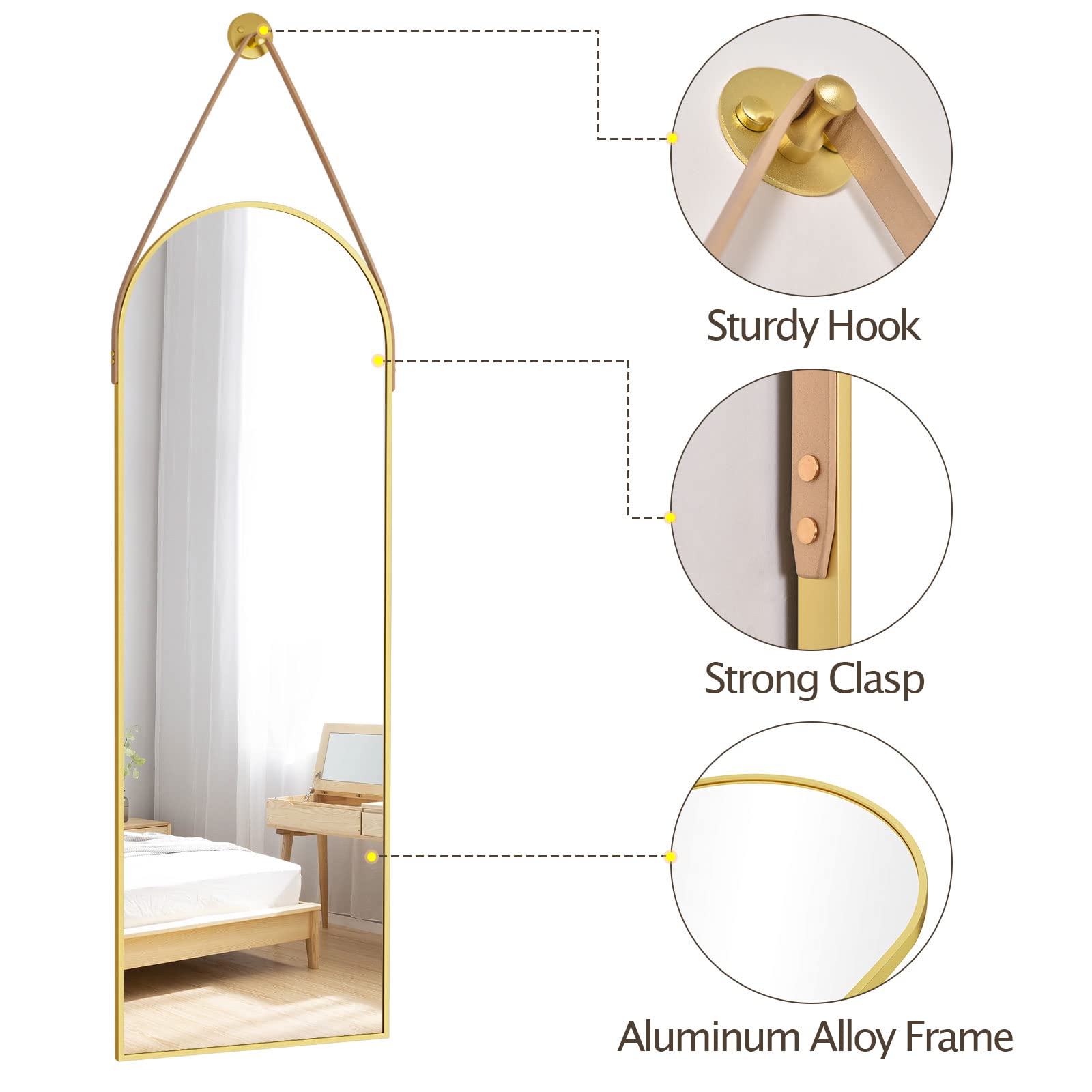 HARRITPURE 16"x48"Arched Mirror with Hanging Leather Strap Full Length Mirror Aluminum Frame Wall-Mounted Arch Mirror Hanging Mirrors for Bathroom Vanity Living Room Bedroom Entryway, Gold