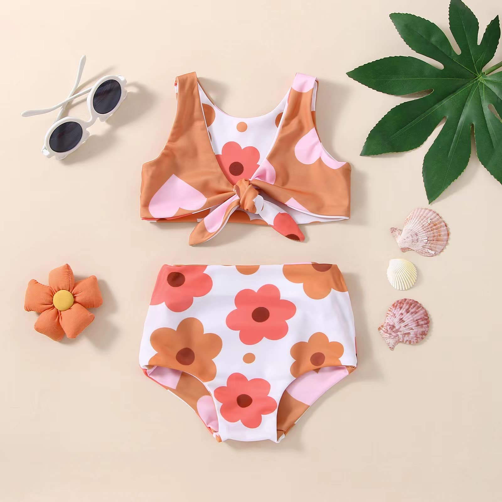 Newborn Baby Girls Two Piece Swimsuit Floral Heart Print Knotted Swim Top Bottom Tankini Bikini Set Infant Bathing Suit Girl (Floral&Heart,0-6 Months)