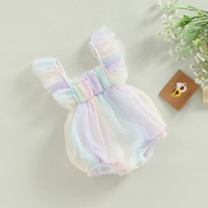 Newborn Baby Girls Summer Clothes Fly Sleeve Ruffle Romper Square Neck Smocked One-Piece Tulle Bodysuit Jumpsuit (Multi-color, 12-18 Months)