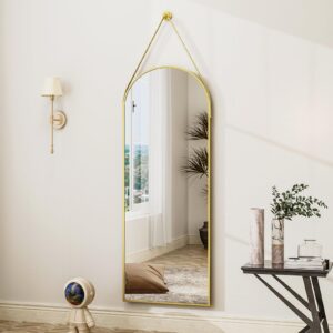 HARRITPURE 16"x48"Arched Mirror with Hanging Leather Strap Full Length Mirror Aluminum Frame Wall-Mounted Arch Mirror Hanging Mirrors for Bathroom Vanity Living Room Bedroom Entryway, Gold