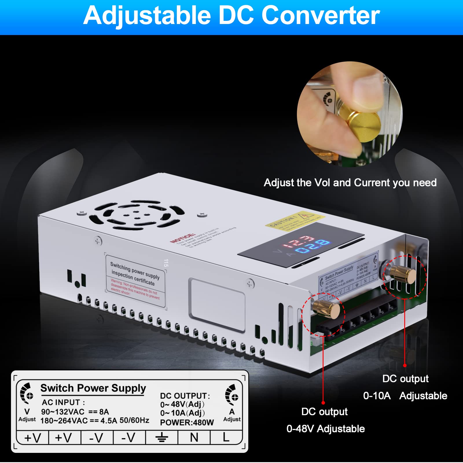 New Version DC Converter Digital Display 110V, 48V Adjustable dc Power Supply 480W 10A,Variable Switch Transformer Regulated 5V 10V 12V 24V 48V Buck Converter for Car,CCTV Computer Lab.