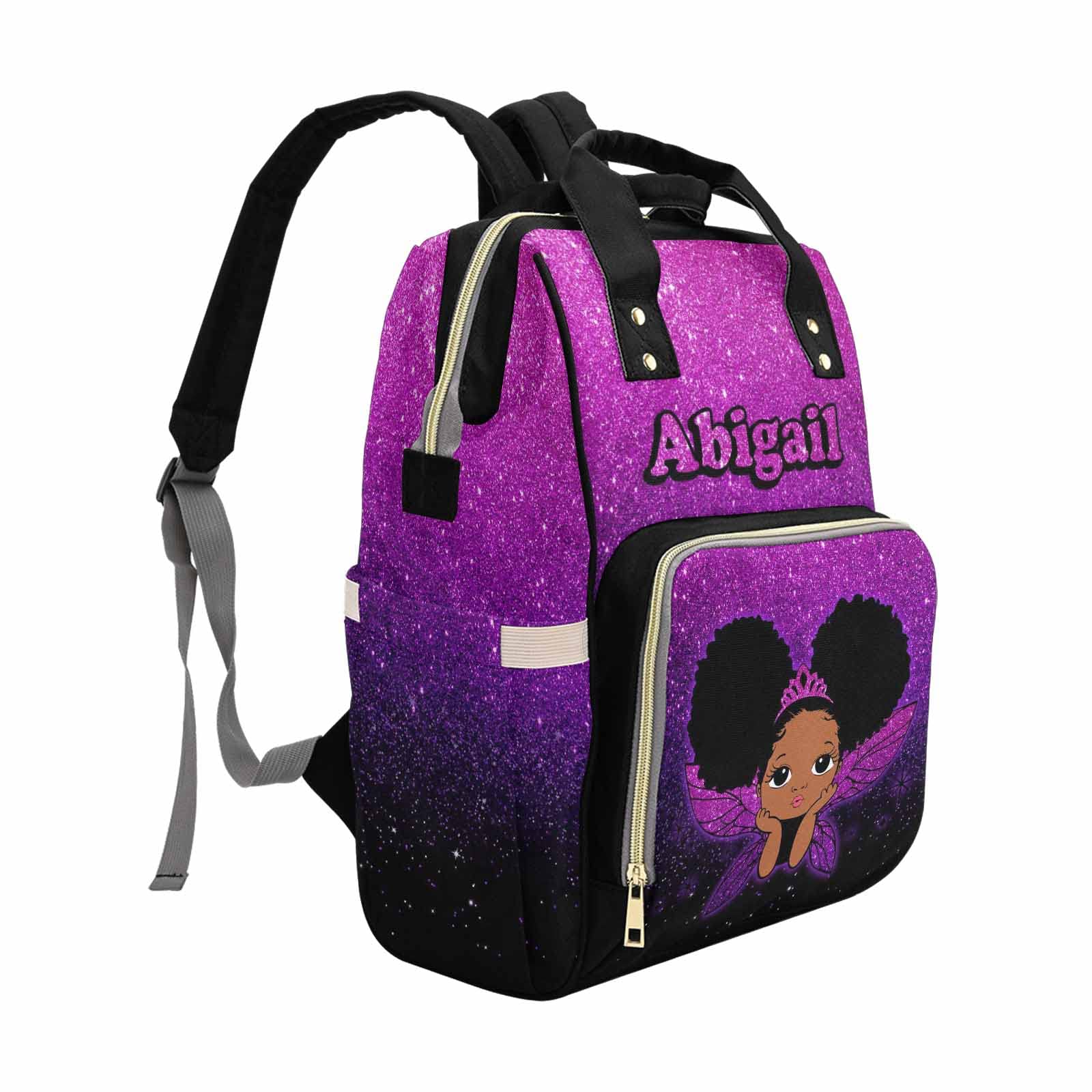 Customized Purple Glitter Diaper Bag with Name for Baby Girl/boy, Personalized Butterfly African Black Princess Mommy Nursing Daypack with Large Capacity for Travel Women Birthday Holiday Gift