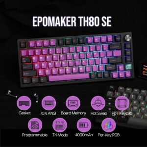 EPOMAKER TH80 SE Gasket 75% Mechanical Keyboard, NKRO Hot Swappable RGB 2.4Ghz/ Bluetooth 5.0/ Wired Gaming Keyboard with Poron/EVA Foam, 4000mah Battery (Black Purple, Budgerigar Switch)