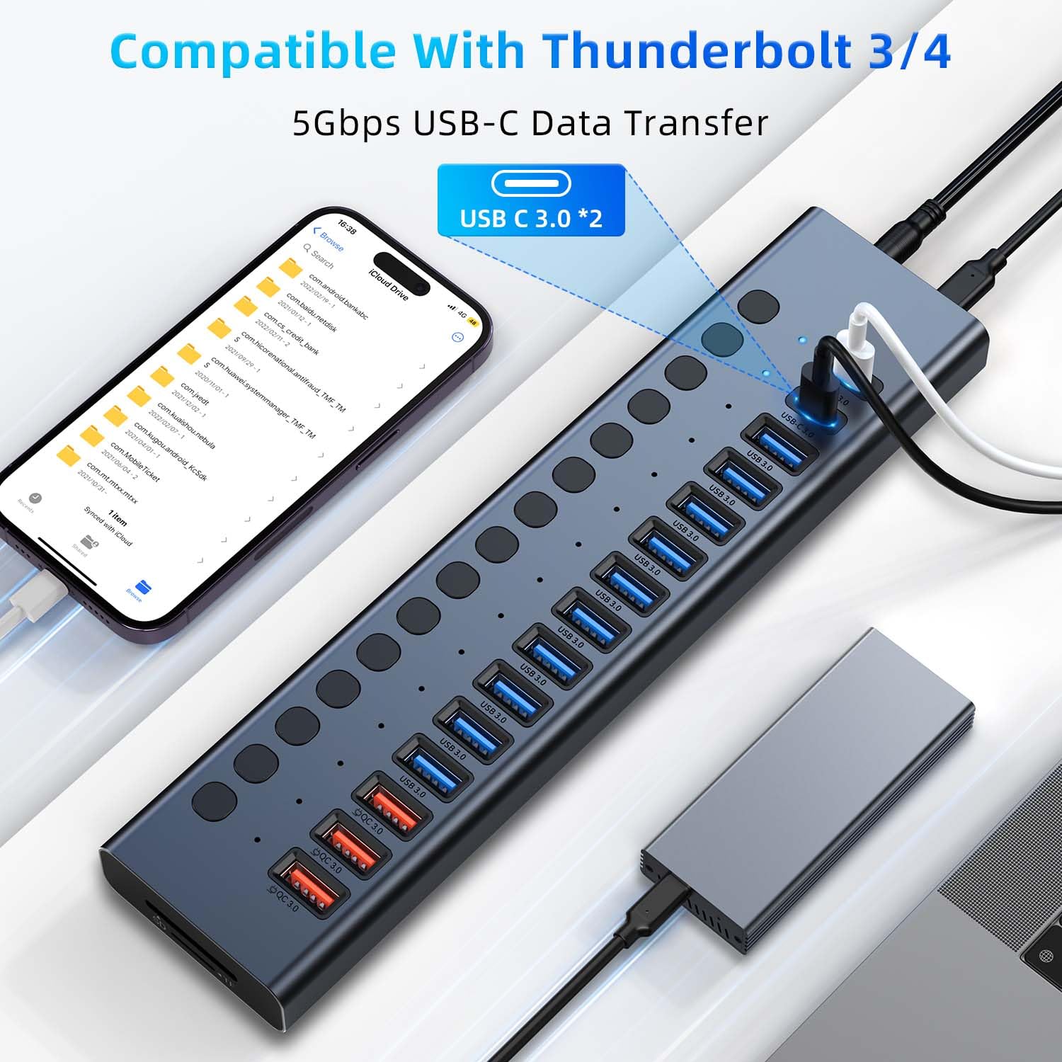 Powered USB Hub, VANGREE 17-Port 90W USB 3.0 Hub (10 USB 3.0 Ports+3 QC24W Fast Charging Ports+2 USB-C 3.0 Ports+SD/TF Card Reader), Individual On/Off Switches, 12V/7.5A Power Adapter for Laptop, PC