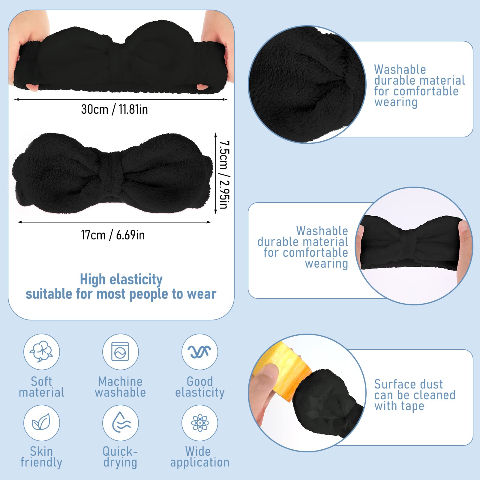 WLLHYF Spa Headband Bow Hair Band Facial Makeup Head Band Microfiber Soft Coral Fleece Head Wraps Elastic Skincare Headbands for Women Girls Washing Face Beauty (Black)