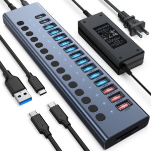 powered usb hub, vangree 17-port 90w usb 3.0 hub (10 usb 3.0 ports+3 qc24w fast charging ports+2 usb-c 3.0 ports+sd/tf card reader), individual on/off switches, 12v/7.5a power adapter for laptop, pc