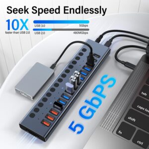 Powered USB Hub, VANGREE 17-Port 90W USB 3.0 Hub (10 USB 3.0 Ports+3 QC24W Fast Charging Ports+2 USB-C 3.0 Ports+SD/TF Card Reader), Individual On/Off Switches, 12V/7.5A Power Adapter for Laptop, PC