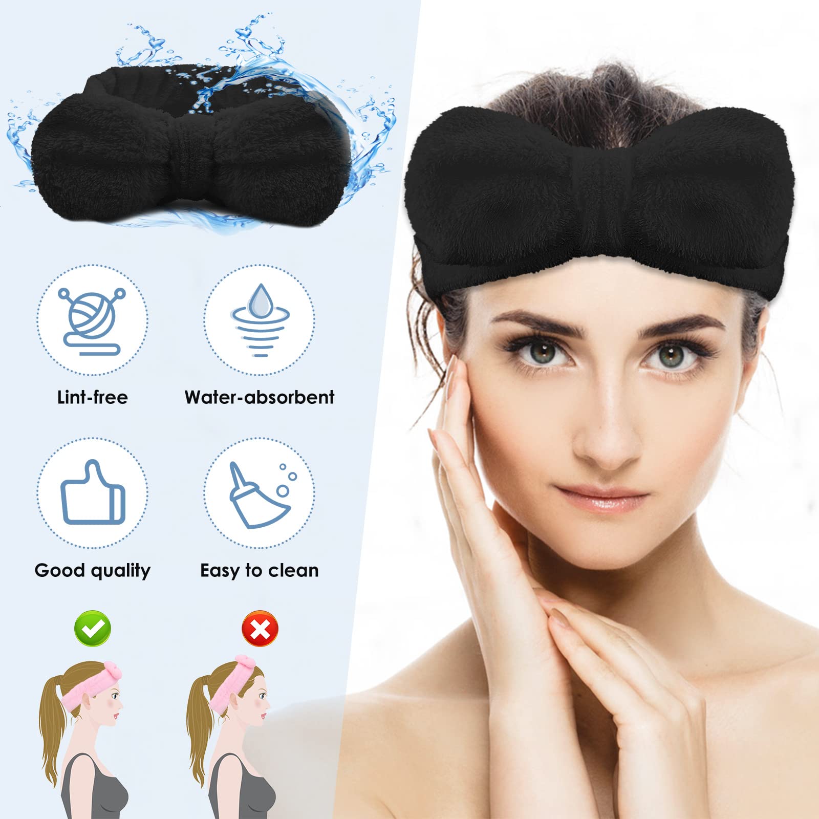 WLLHYF Spa Headband Bow Hair Band Facial Makeup Head Band Microfiber Soft Coral Fleece Head Wraps Elastic Skincare Headbands for Women Girls Washing Face Beauty (Black)