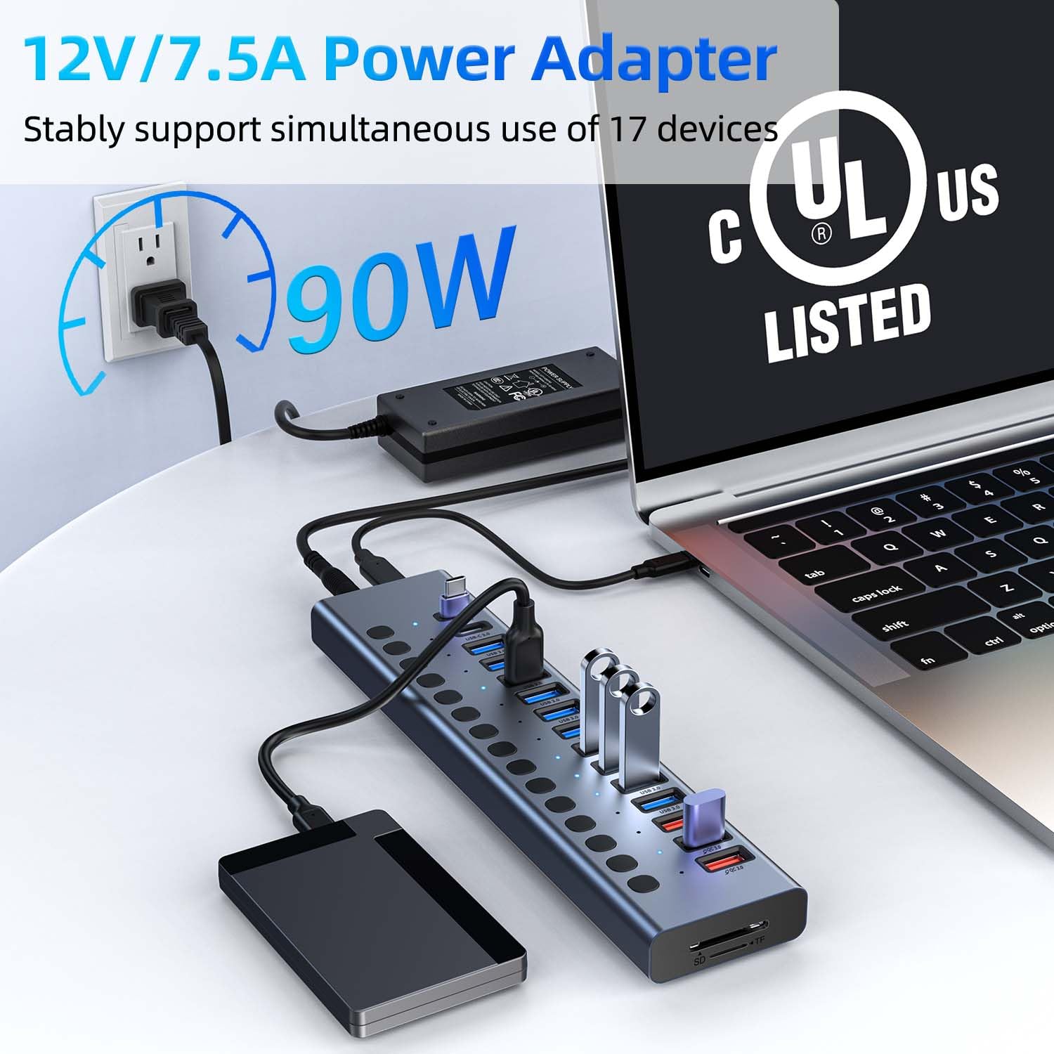 Powered USB Hub, VANGREE 17-Port 90W USB 3.0 Hub (10 USB 3.0 Ports+3 QC24W Fast Charging Ports+2 USB-C 3.0 Ports+SD/TF Card Reader), Individual On/Off Switches, 12V/7.5A Power Adapter for Laptop, PC