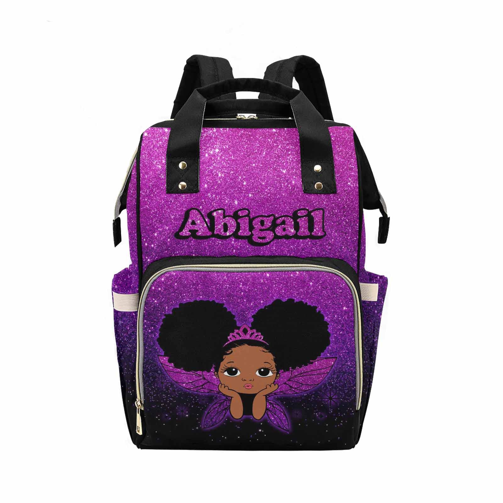 Customized Purple Glitter Diaper Bag with Name for Baby Girl/boy, Personalized Butterfly African Black Princess Mommy Nursing Daypack with Large Capacity for Travel Women Birthday Holiday Gift