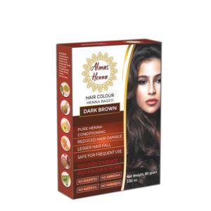 almas henna 80 gram 100% organic hair color powder infused with herbs, natural henna for soft shiny hair (2.82 ounce, dark brown)