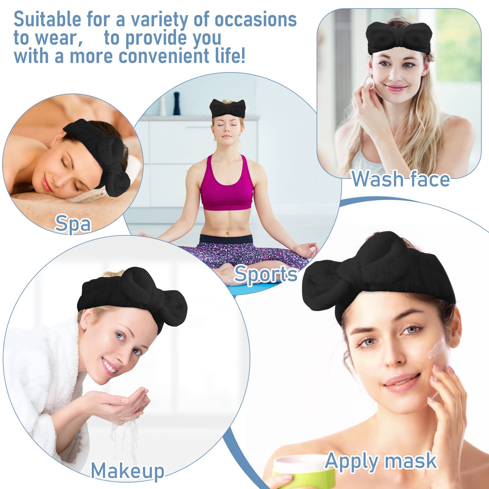 WLLHYF Spa Headband Bow Hair Band Facial Makeup Head Band Microfiber Soft Coral Fleece Head Wraps Elastic Skincare Headbands for Women Girls Washing Face Beauty (Black)