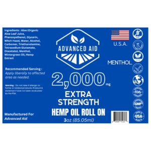 Advanced Aid: Extra Strength 2000mg Hemp Extract Roll On Menthol, Non-GMO Ultra-Pure Organic Made in The USA 90ml Read Description