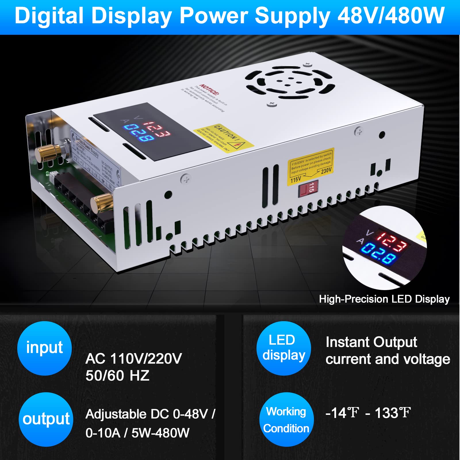 New Version DC Converter Digital Display 110V, 48V Adjustable dc Power Supply 480W 10A,Variable Switch Transformer Regulated 5V 10V 12V 24V 48V Buck Converter for Car,CCTV Computer Lab.