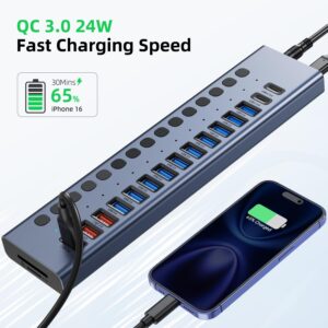 Powered USB Hub, VANGREE 17-Port 90W USB 3.0 Hub (10 USB 3.0 Ports+3 QC24W Fast Charging Ports+2 USB-C 3.0 Ports+SD/TF Card Reader), Individual On/Off Switches, 12V/7.5A Power Adapter for Laptop, PC