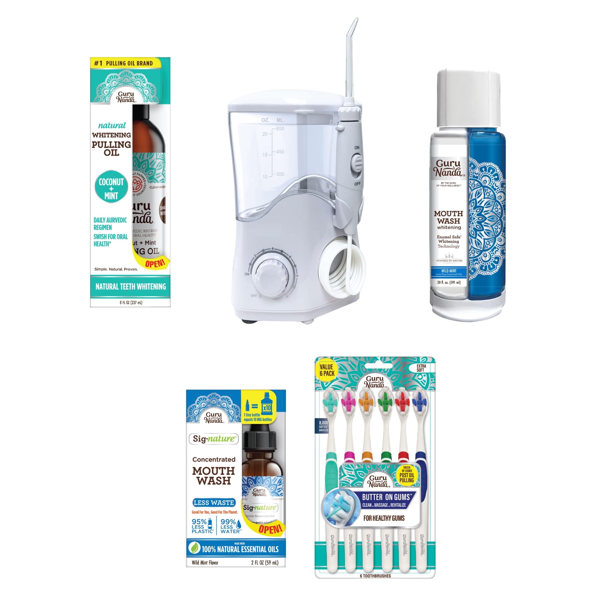 GuruNanda Better Gums Regimen 2.0 with CocoMint Pulling Oil, Butter on Gums Toothbrush, Table Top Water Flosser, Concentrated Mouthwash & Dual Barrel Mouthwash - 5 Count