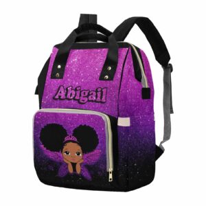 customized purple glitter diaper bag with name for baby girl/boy, personalized butterfly african black princess mommy nursing daypack with large capacity for travel women birthday holiday gift