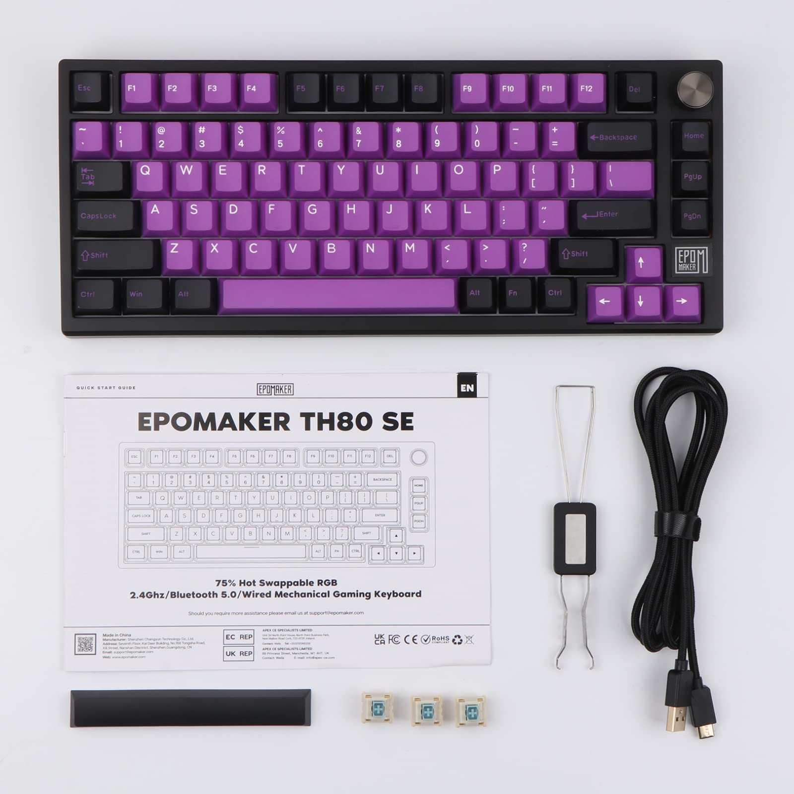 EPOMAKER TH80 SE Gasket 75% Mechanical Keyboard, NKRO Hot Swappable RGB 2.4Ghz/ Bluetooth 5.0/ Wired Gaming Keyboard with Poron/EVA Foam, 4000mah Battery (Black Purple, Budgerigar Switch)