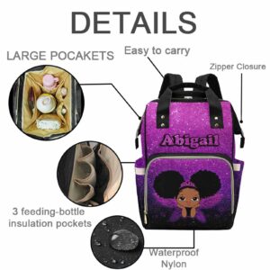 Customized Purple Glitter Diaper Bag with Name for Baby Girl/boy, Personalized Butterfly African Black Princess Mommy Nursing Daypack with Large Capacity for Travel Women Birthday Holiday Gift