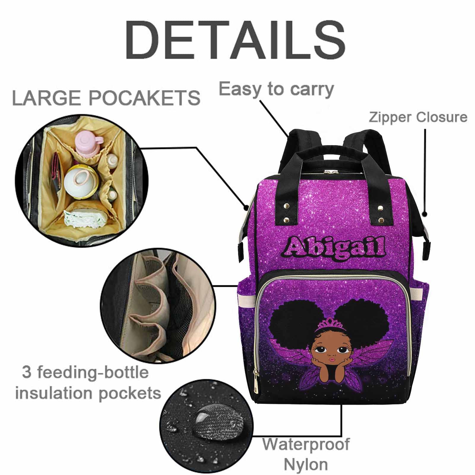 Customized Purple Glitter Diaper Bag with Name for Baby Girl/boy, Personalized Butterfly African Black Princess Mommy Nursing Daypack with Large Capacity for Travel Women Birthday Holiday Gift