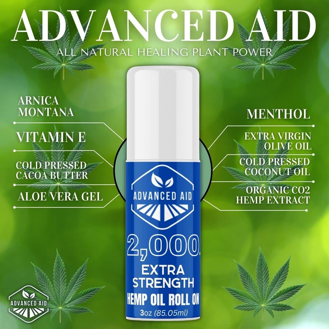 Advanced Aid: Extra Strength 2000mg Hemp Extract Roll On Menthol, Non-GMO Ultra-Pure Organic Made in The USA 90ml Read Description