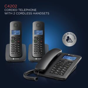 Motorola Voice C42 Corded Phone System + 2 Digital Cordless Handsets w/Answering Machine, Call Block - Black (C4202)