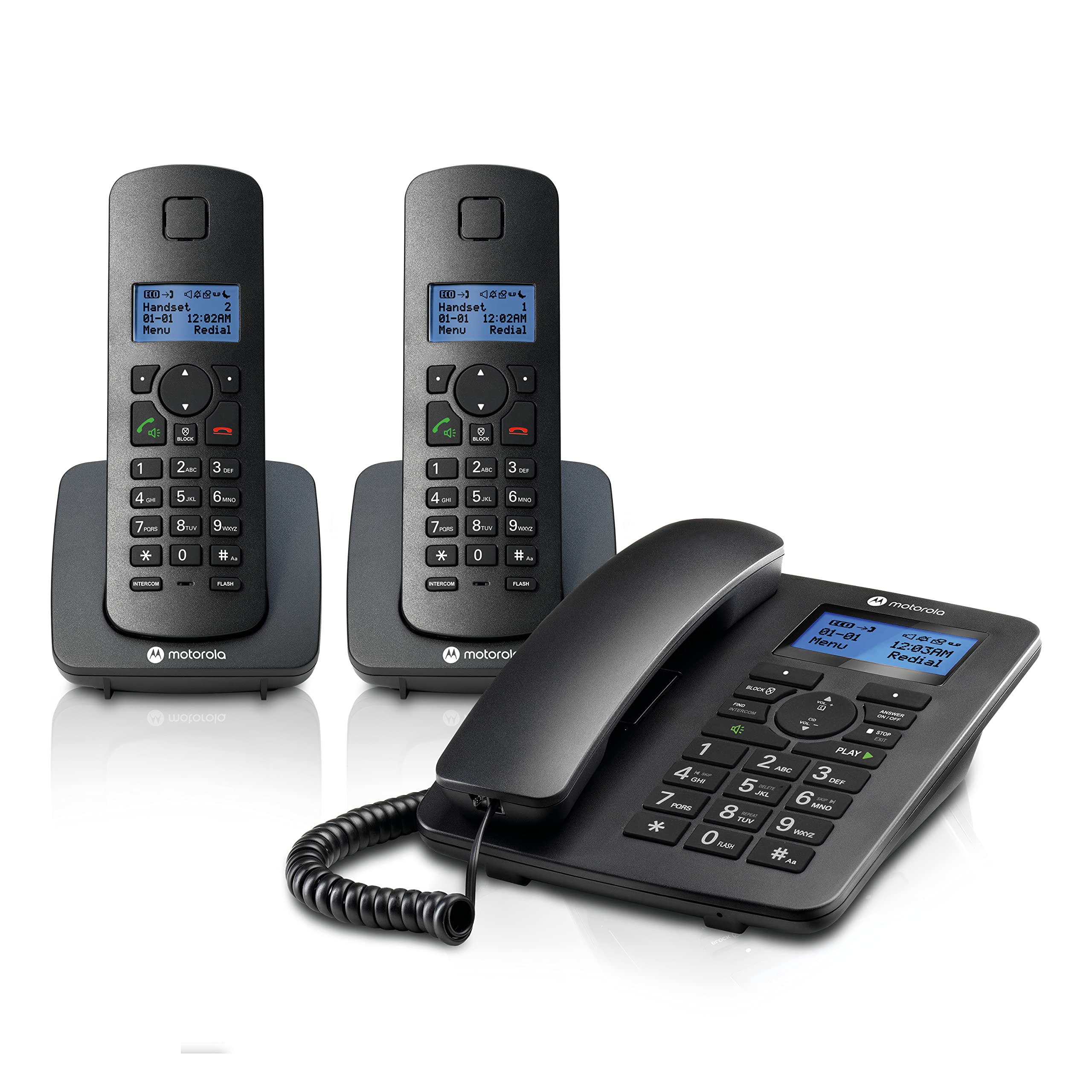 Motorola Voice C42 Corded Phone System + 2 Digital Cordless Handsets w/Answering Machine, Call Block - Black (C4202)