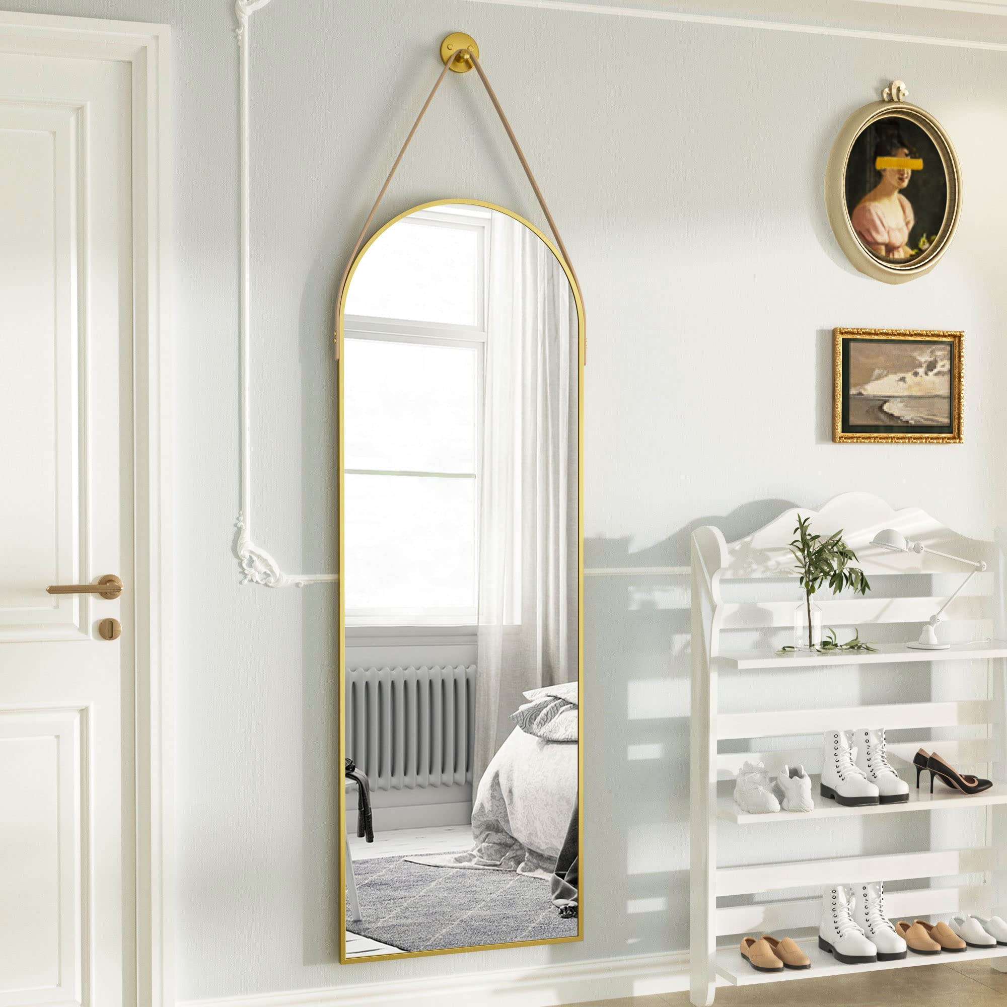 HARRITPURE 16"x48"Arched Mirror with Hanging Leather Strap Full Length Mirror Aluminum Frame Wall-Mounted Arch Mirror Hanging Mirrors for Bathroom Vanity Living Room Bedroom Entryway, Gold