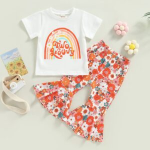 YOKJZJD Toddler Baby Girl Two Groovy Outfits Short Sleeve T-Shirt Tops Flared Bell-Bottom Pants Kids Summer Clothes Set (Orange, 2-3 Years)