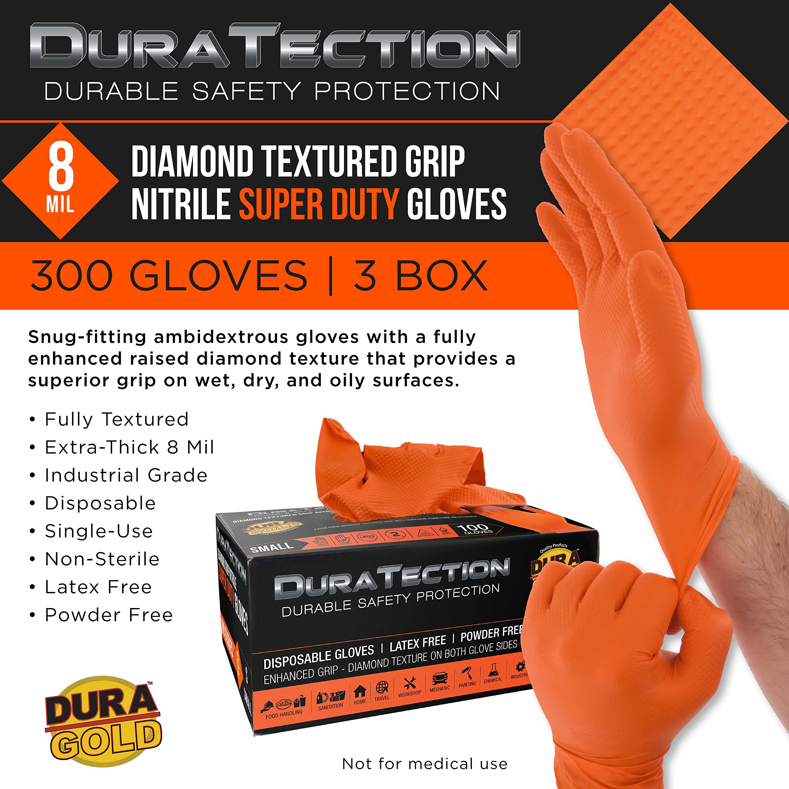 Dura-Gold Duratection 8 Mil Orange Super Duty Diamond Textured Nitrile Disposable Gloves, 3 Boxes of 100, X-Large - Latex Free, Powder Free, Food Safe, Safety Protection Work Gloves, Industrial