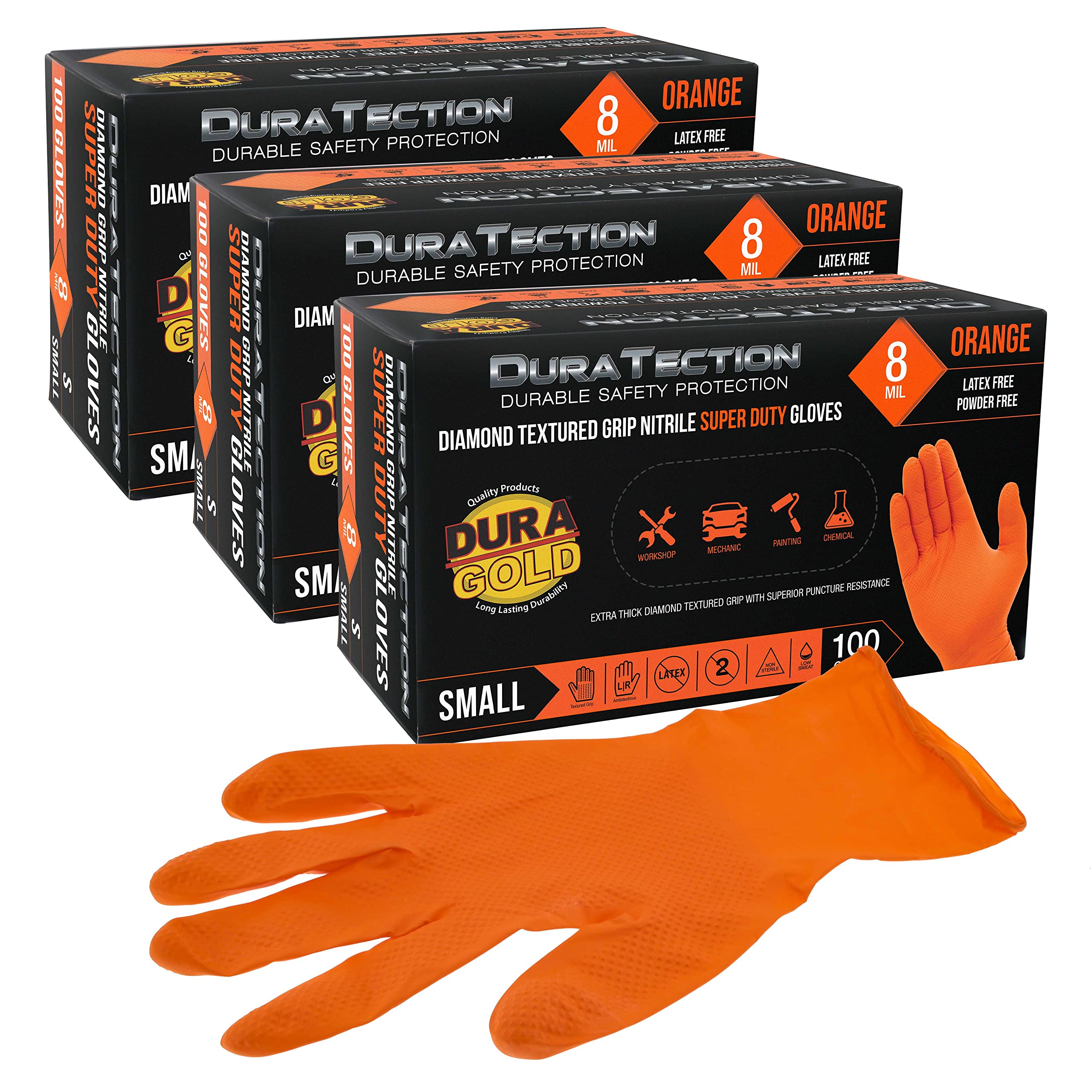 Dura-Gold Duratection 8 Mil Orange Super Duty Diamond Textured Nitrile Disposable Gloves, 3 Boxes of 100, X-Large - Latex Free, Powder Free, Food Safe, Safety Protection Work Gloves, Industrial