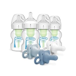 dr. brown’s natural flow® anti-colic options+™ wide-neck baby bottle, 5 oz/150 ml, level 1 nipple, 4-pack, 0m+ with happypaci 100% silicone pacifier 0-6m, bpa free, white, blue, light blue, 3 pack