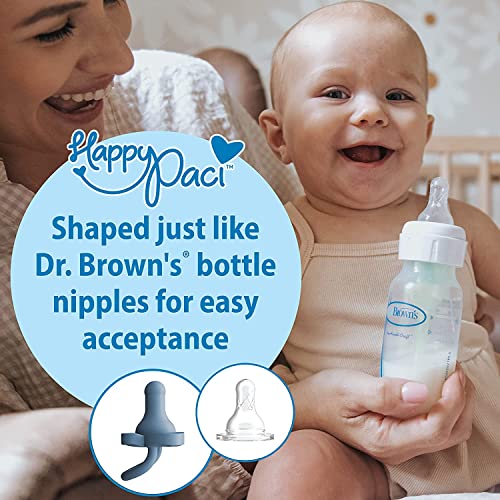 Dr. Brown’s Natural Flow® Anti-Colic Options+™ Wide-Neck Baby Bottle, 5 oz/150 mL, Level 1 Nipple, 4-Pack, 0m+ with HappyPaci 100% Silicone Pacifier 0-6m, BPA Free, White, Blue, Light Blue, 3 Pack