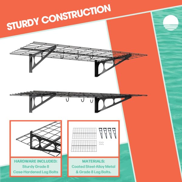 RAD Sportz Heavy Duty Shelves for Wall 2-Pack - Storage for Garage Organization - Garage Shelving with 154lb Capacity and Bike Hooks for 4 Cycles